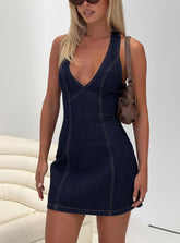 Say Goodnight Denim Halter Mini Dress Mid Wash