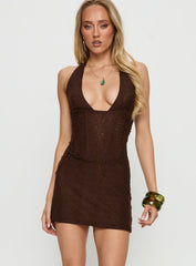 Kalila Halter Lace Mini Dress Chocolate