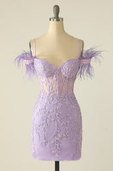 Tight Lavender Lace Straps Mini Dress
