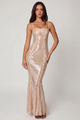 Embellished Square Neck Lace Gown in Pale Peach