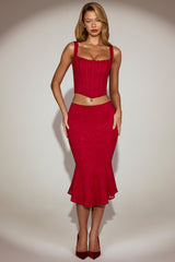 Lace Mid-Rise Fluted Midi Skirt in True Red