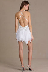 Premium Chiffon Plunge-Neck Open-Back Mini Dress in White