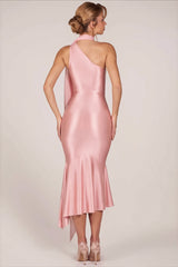 One Shoulder Mesh Satin Maxi Dress
