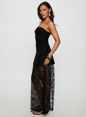 Aleda Sheer Lace Detail Strapless Maxi Dress Black