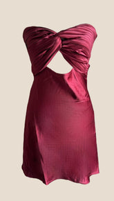 Twisted Pleated Burgundy Soft Satin Keyhole Mini Dress