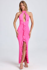 Ruffle-Trim Halterneck Gown in Lollipop Pink
