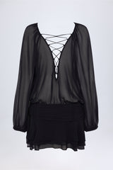 Lace-Up Balloon-Sleeve Mini Dress in Black