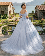 Ball-Gown Tulle Off The Shoulder Pearls Butterflies Quinceanera Dress with Appliqued