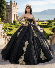 Black Long Sleeves Strapless Quinceanera Dresses with Appliques