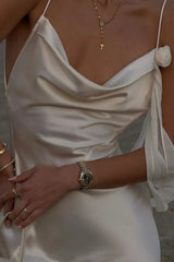 Solid Satin Floral Backless Elegant Maxi Dress
