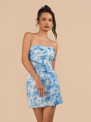 Blue - Sheath Strapless Floral Ruffles Short Homecoming Dresses