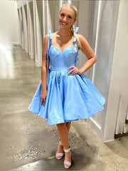 Blue - Spaghetti Straps Satin Pleated A Line Homecoming Dresses With Bow