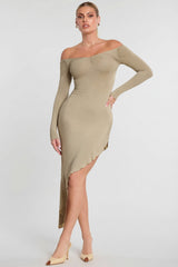 Long Sleeve Off-The-Shoulder Modal Cashmere Blend Maxi Dress in Taupe