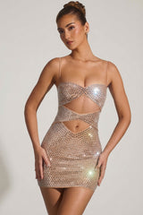 Embellished Cut-Out Mini Dress in Almond