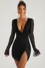 Embellished Wrap Over A-Line Mini Dress in Black
