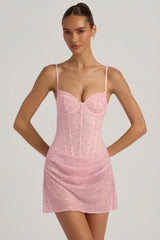 Semi-Sheer Embellished Draped Corset Mini Dress in Pink