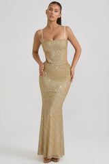 Embellished Cut-Out Gown in Gold