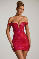 Embellished Off-Shoulder Mini Dress in Crimson Red