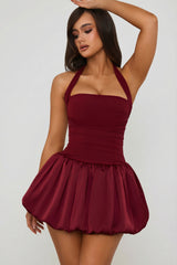 Halterneck Lace-Up Bubble Hem Corset Micro Mini Dress in Berry Red