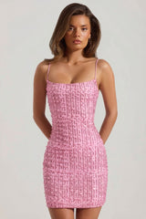 Embellished Scoop-Neck Bodycon Mini Dress in Pink