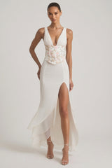 Embellished Plunge Ruffled Corset Maxi Dress in Ivory