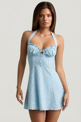 Halterneck A-Line Mini Dress in Blue Flower Print