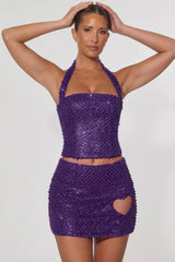 Embellished Heart-Detail A-Line Micro Mini Skirt in Purple