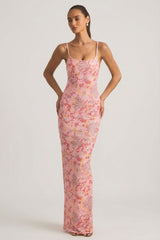 Embellished Scoop-Neck Backless Maxi Dress in Pink