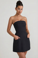 Foldover-Neck Strapless Structured A-Line Mini Dress in Black