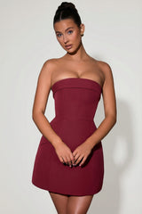 Foldover-Neck Strapless Structured A-Line Mini Dress in Wine Red