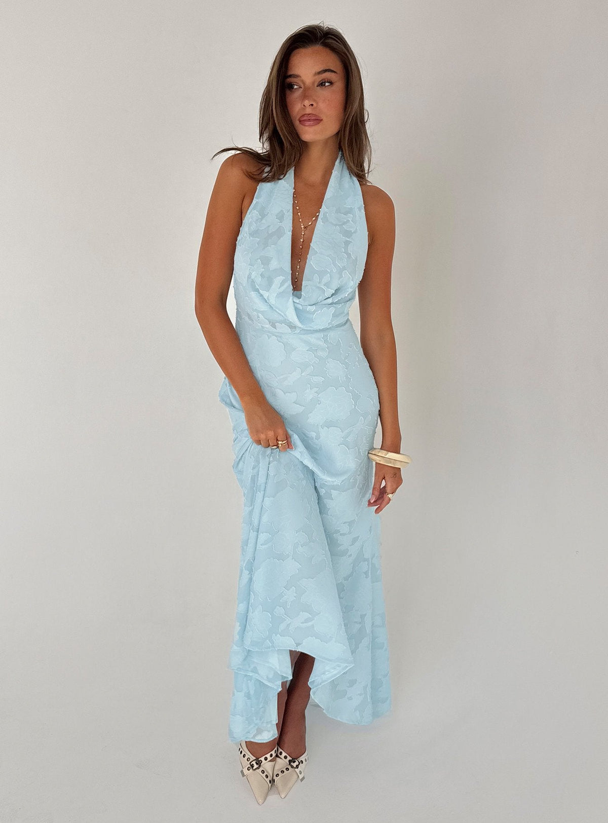 Invisible String Cowl Plunge Backless Maxi Dress Light Blue