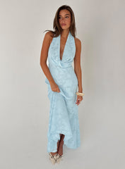 Invisible String Cowl Plunge Backless Maxi Dress Light Blue
