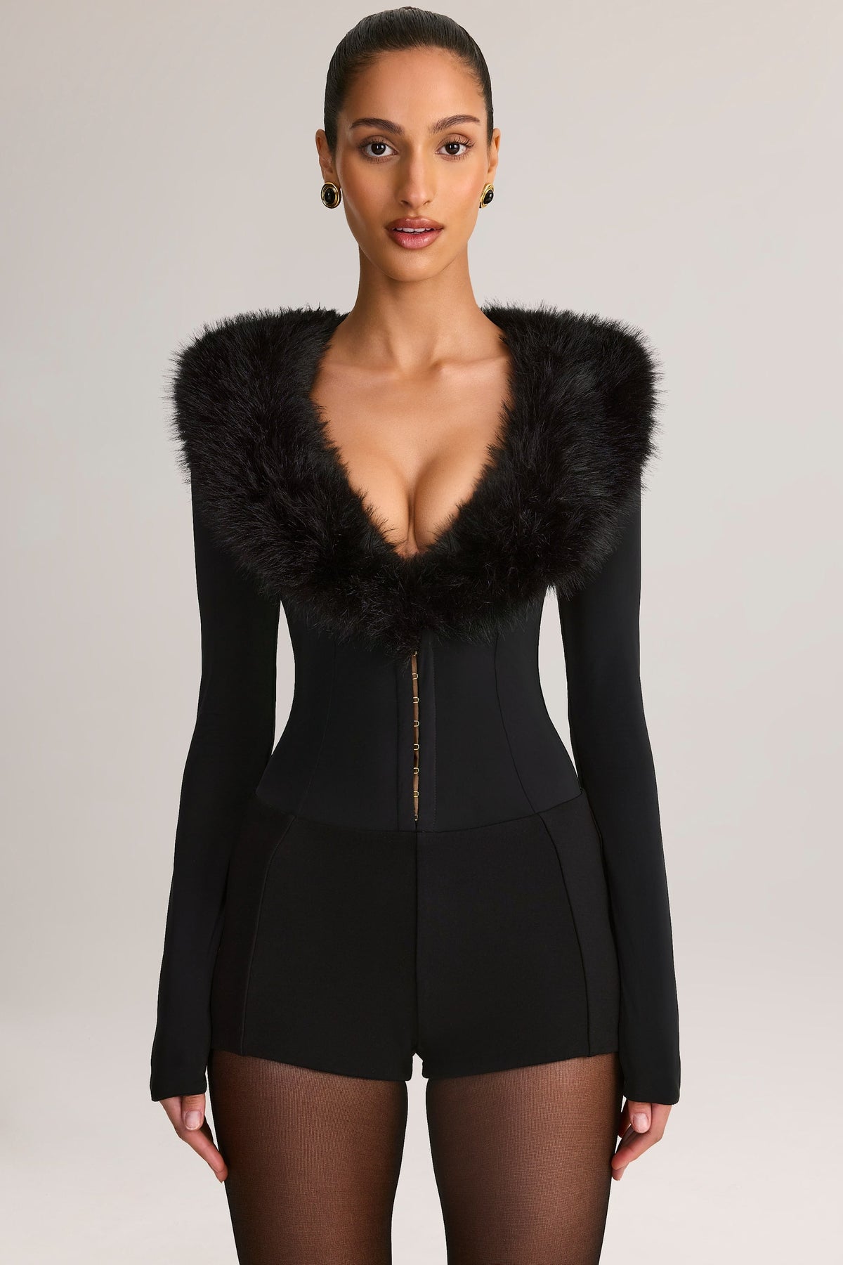 Faux Fur-Trim Corset Playsuit in Black