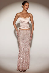 Embellished Mid-Rise Thigh-Split Maxi Skirt in Rose Gold