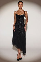 Embellished Soft-Scoop Asymmetric Midaxi Dress in Black