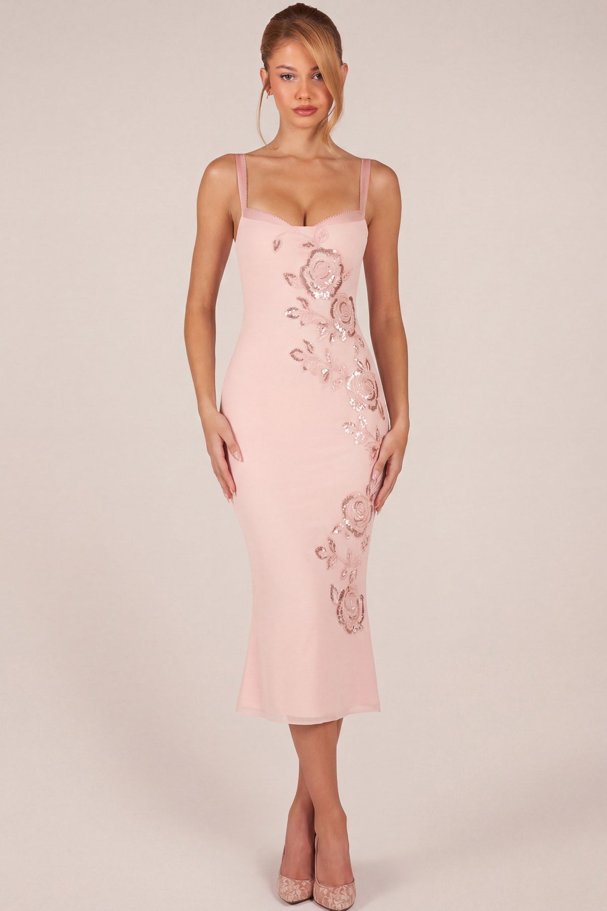Embellished Peekaboo Fluted-Hem Midaxi Dress in Pink