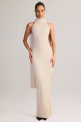 Rib-Knit Scarf-Detail Halterneck Maxi Dress in Cream
