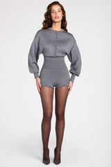 Fine-Knit Long-Sleeve Romper in Grey