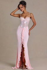 Premium Embellished Lace Corset Gown in Baby Pink