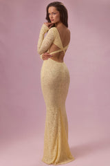 Lace Long-Sleeve Maxi Dress in Butter Yellow