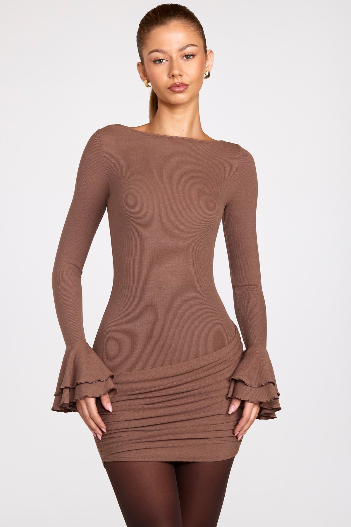 Ribbed Modal Long-Sleeve Draped Mini Dress in Mocha