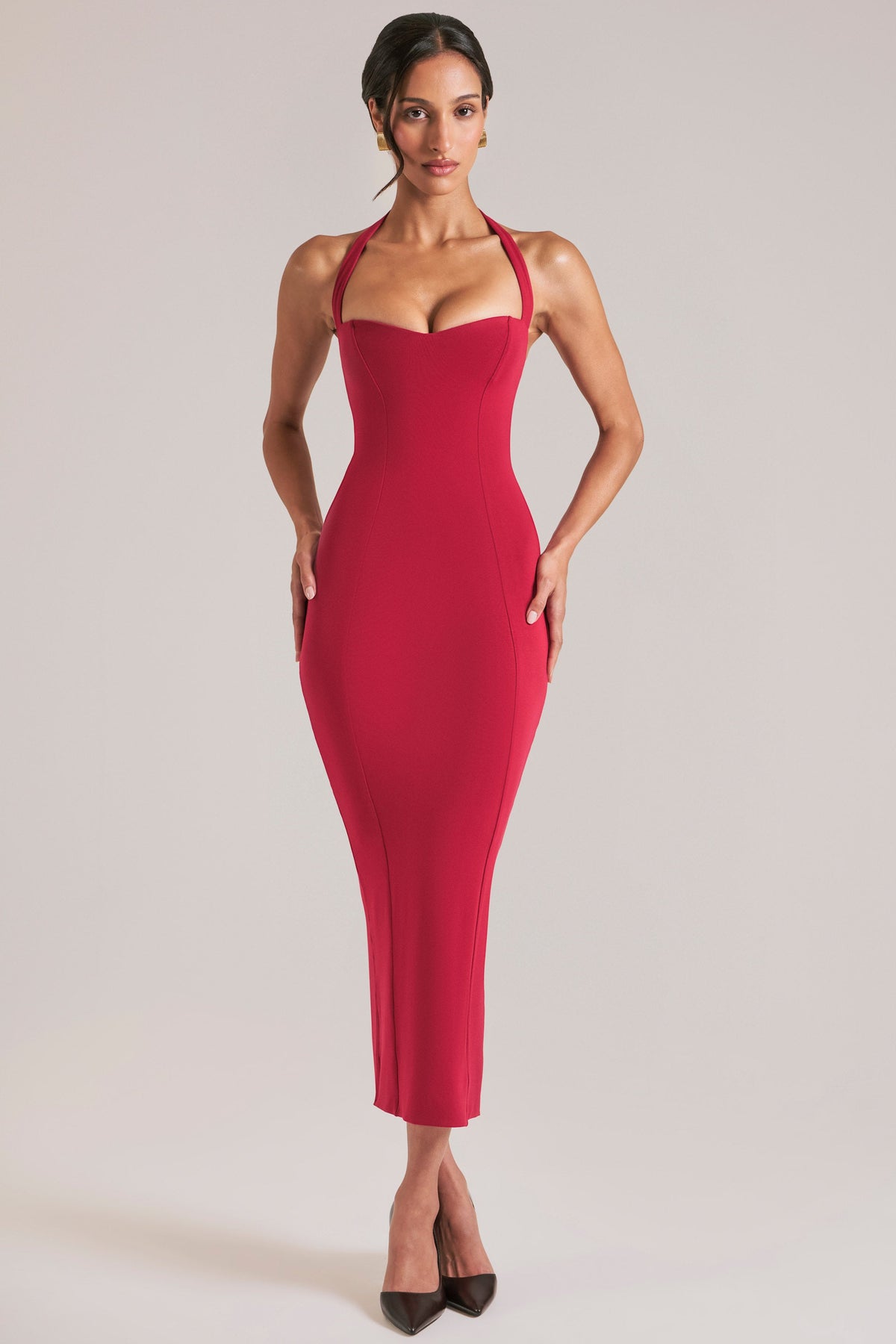 Halterneck Midaxi Dress in Cherry Red