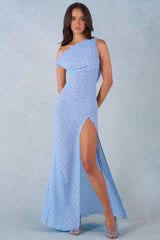 One-Shoulder Maxi Dress in Blue Polka Dot Print