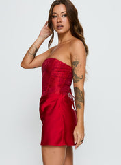 Jenevieve Strapless Drape Mini Dress Red