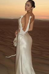 Solid Satin Floral Backless Elegant Maxi Dress