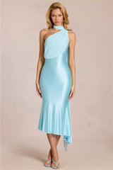 One Shoulder Mesh Satin Maxi Dress