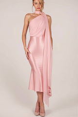 One Shoulder Mesh Satin Maxi Dress