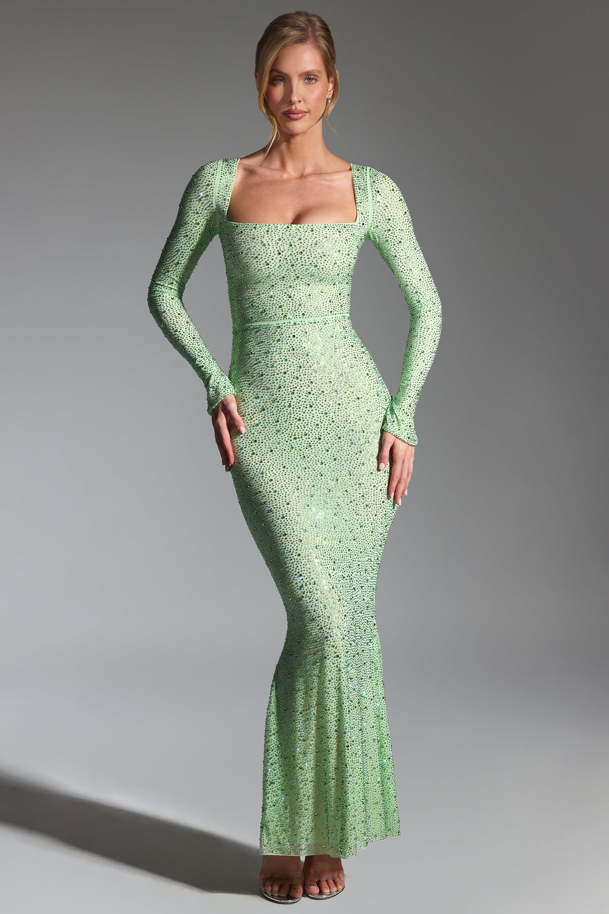 Embellished Long-Sleeve Fishtail Maxi Dress in Pistachio