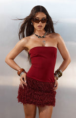 Halo Burgundy Strapless Fur Mini Dress