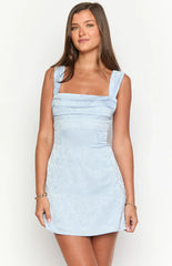 Mya Light Blue Satin Mini Dress
